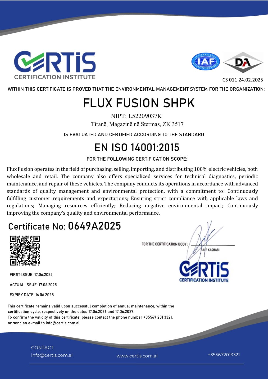 The EN ISO 14001:2015 certificate issued to Flux Fusion SHPK by Certis Certification Institute