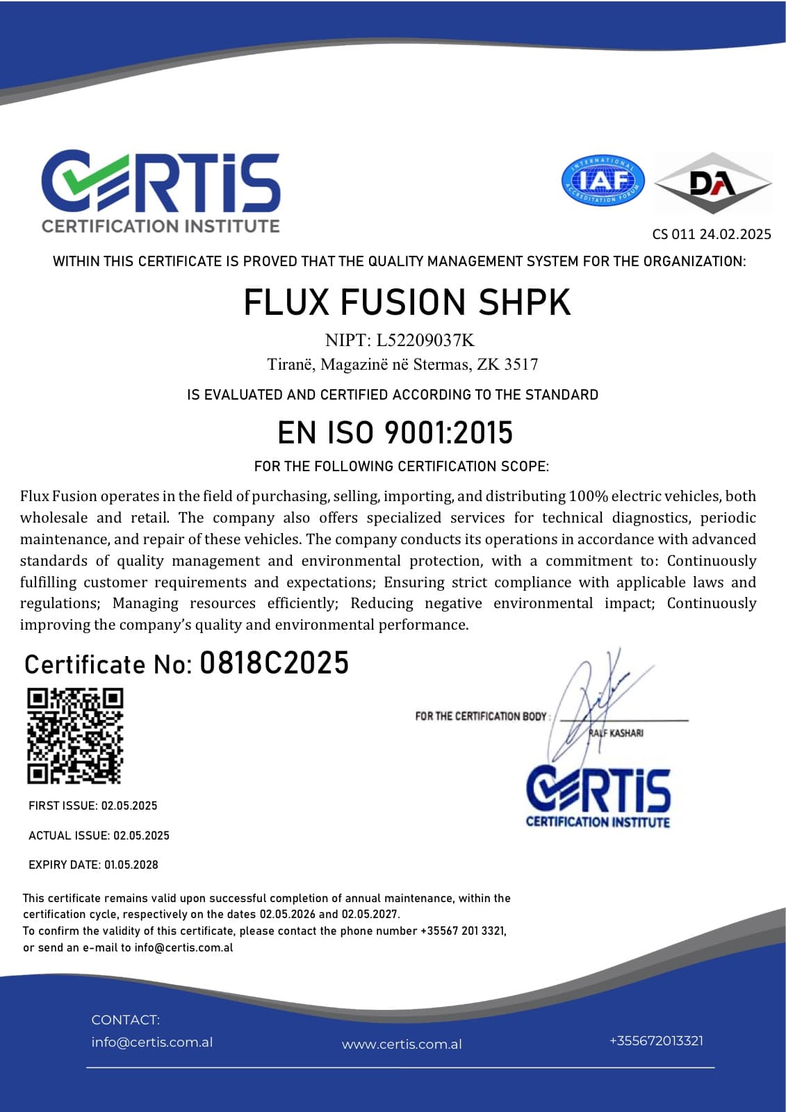 The EN ISO 9001:2015 certificate issued to Flux Fusion SHPK by Certis Certification Institute